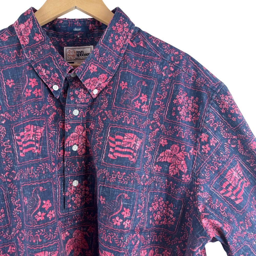 Reyn Spooner Shirt Mens 3XL Navy Red Hawaiian Pullover Short Sleeve Block Print